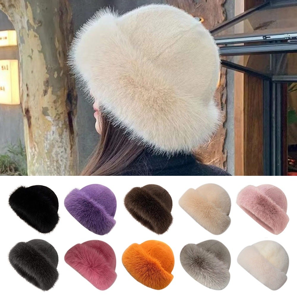 Bucket Hat Embroidered - Chapeau d'hiver en fourrure moelleuse, couleur