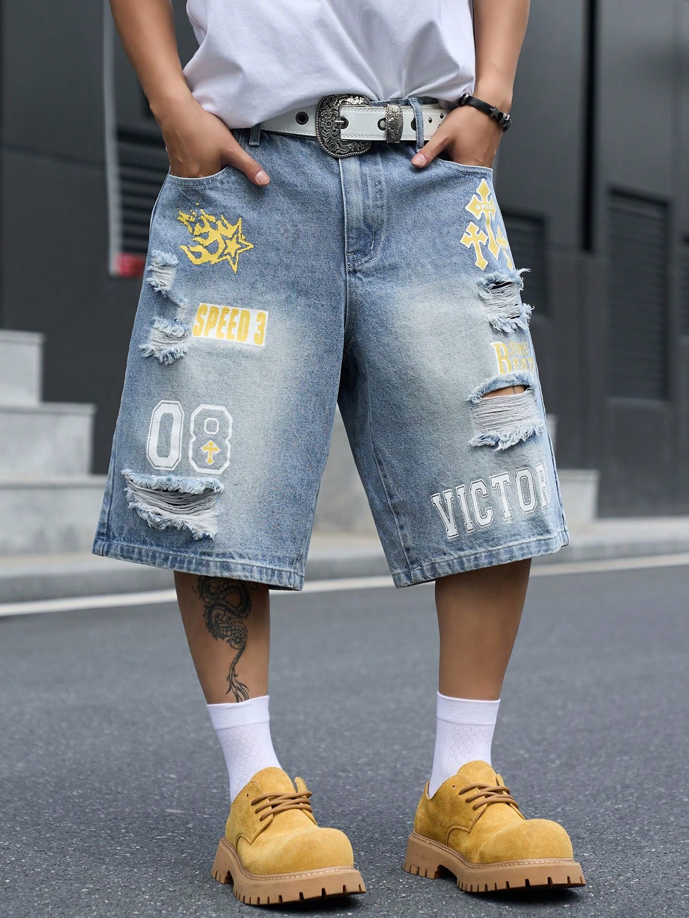 Distressed Jean Rip - Shorts en jean ample pour homme,