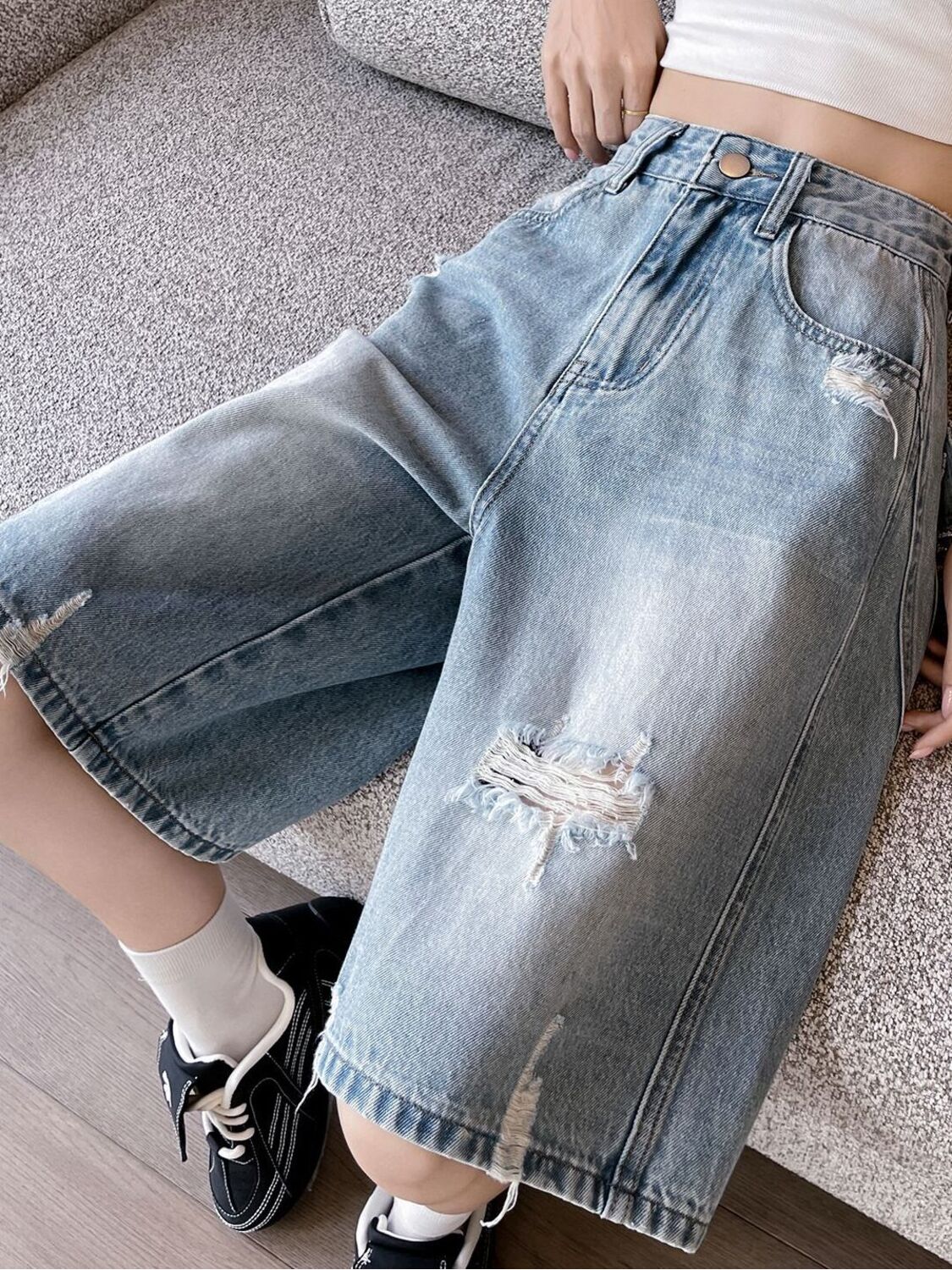 Shorts Bermuda en jean déchiré - Distressed Jean Rip avis et prix