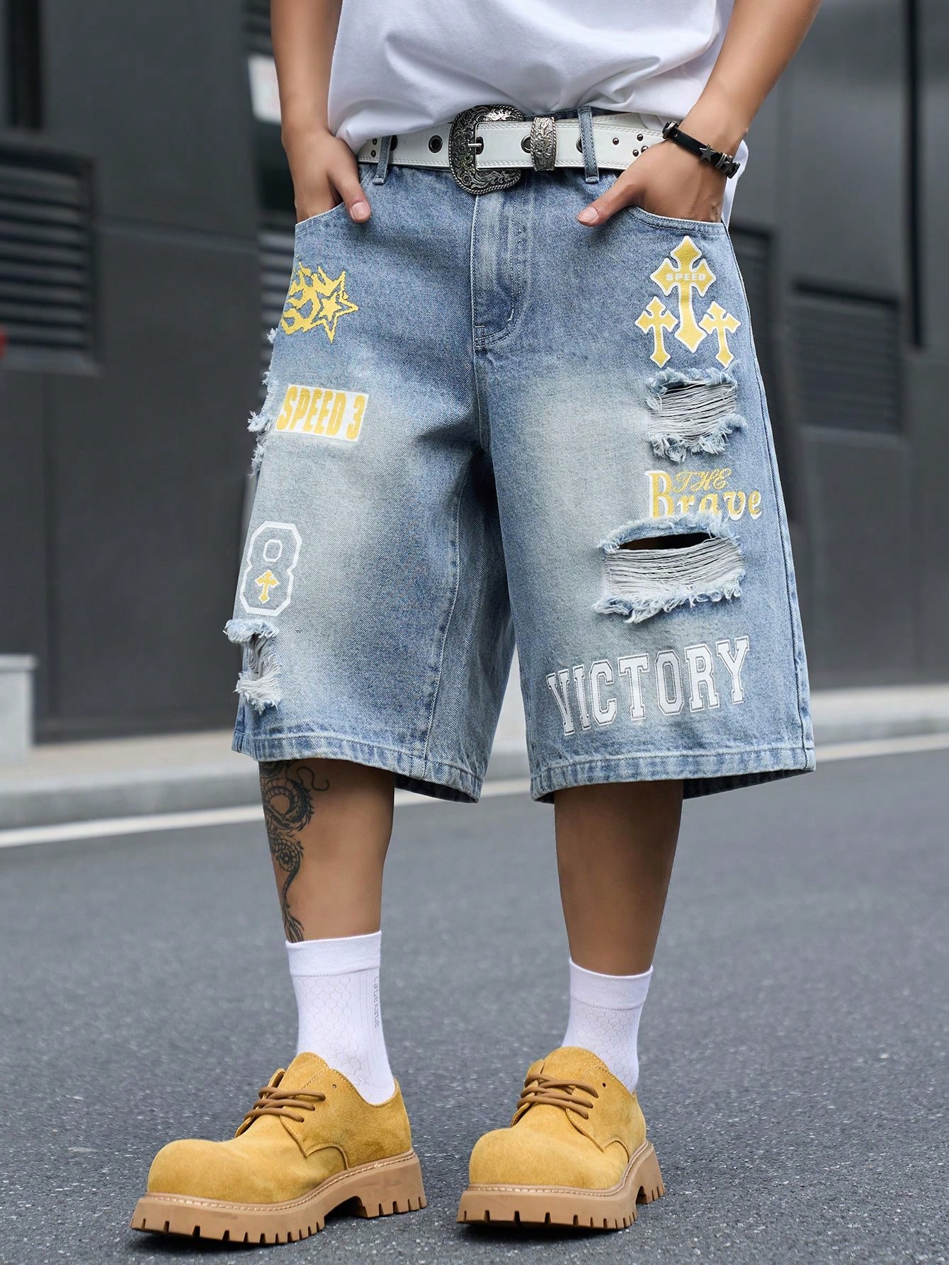 Shorts en jean ample pour homm - Distressed Jean Rip avis et prix