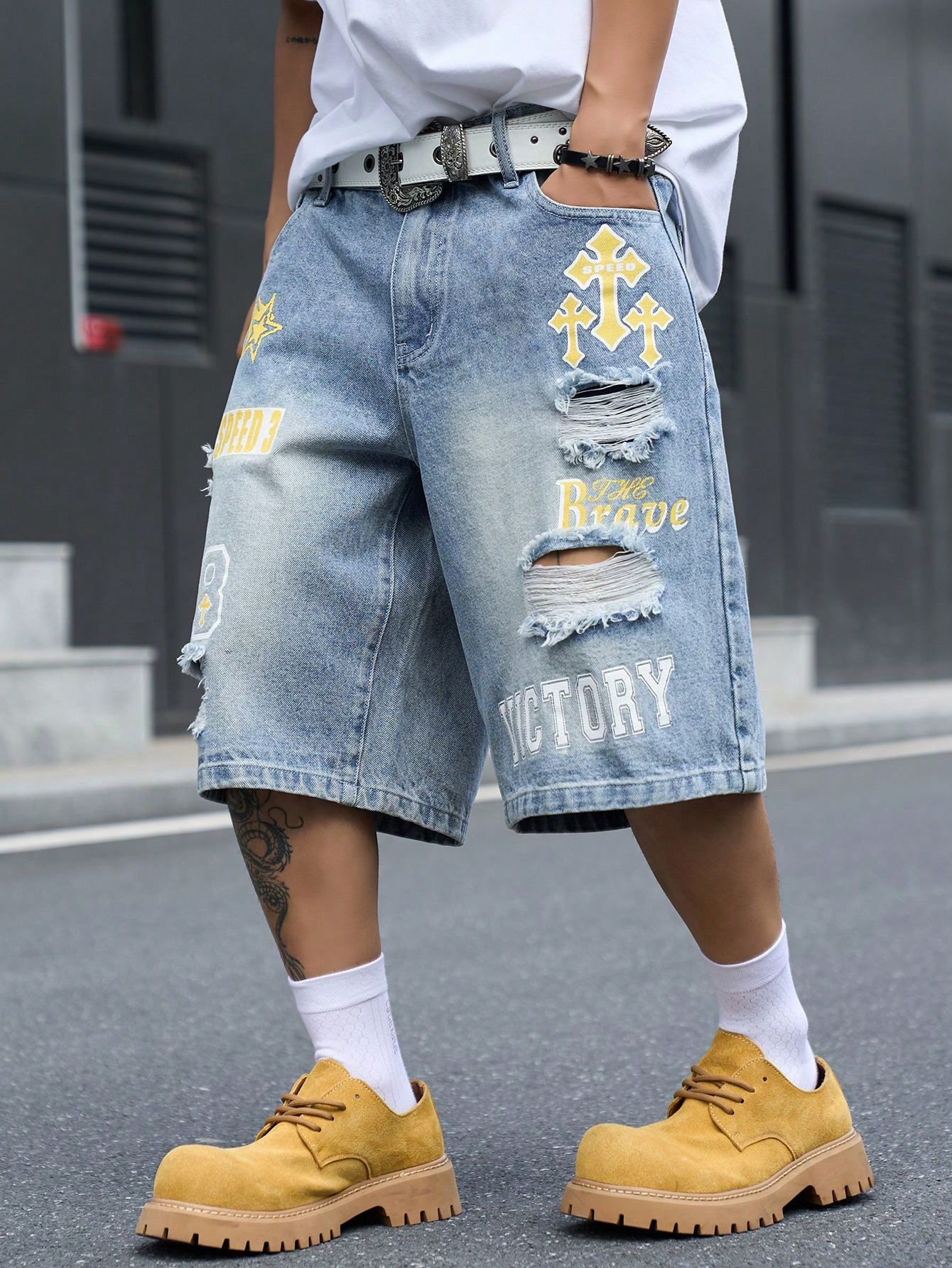 Shorts en jean ample pour homm - Distressed Jean Rip avis et prix